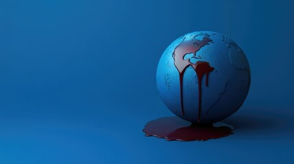 I.A blue globe with a red liquid flowing down it. A substance similar to blood accumulates at the base of the globe. The concept of ecological destruction and global crisis. The concept of a bleeding 
