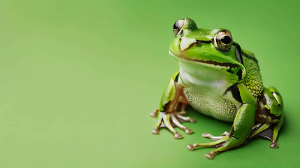 Obraz premium A green frog sits on a green background. The frog is looking at the camera with its big, round eyes. The frog's skin is smooth and shiny.