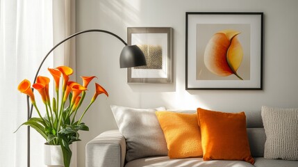 Modern Living Room with Orange Calla Lilies and Artwork