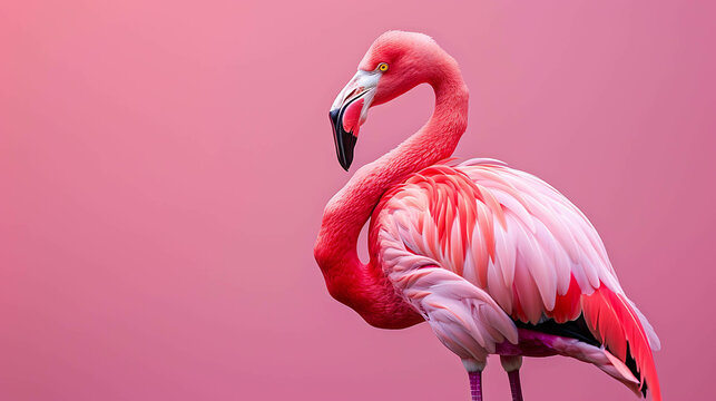 A beautiful flamingo stands in the water. Its pink feathers are ruffled in the breeze. The water is a light blue color.