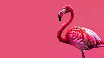 Fototapeta premium A beautiful pink flamingo stands in front of a pink background. The flamingo is looking to the left of the frame.