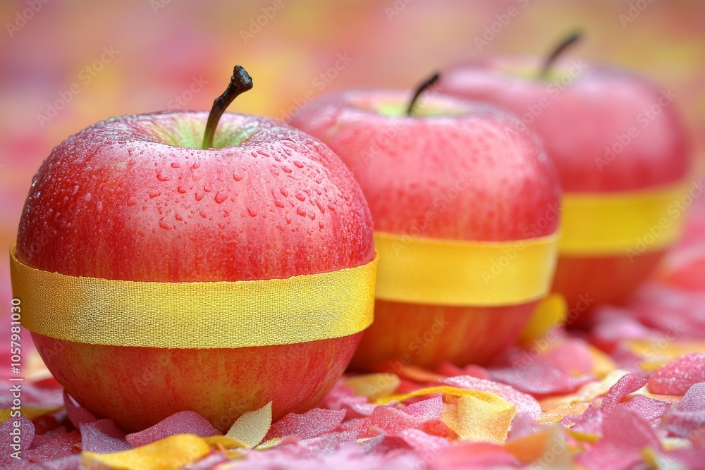 Poster red apples with elastic bands in bright setting symbolizing diet portion control and food freshness 