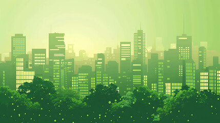 Green City. The concept of a modern metropolis in harmony with nature. Green spaces and parks among skyscrapers. The sun's rays illuminate the city.