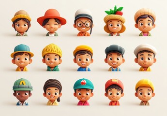 Smiling farmers Closeup Portrait Set Cute Cartoon Male and Female Avatars Multi-ethnic Man and Woman Faces Isolated on White Background