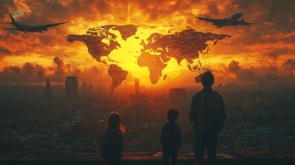 Family viewing world map sunset.