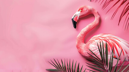A beautiful pink flamingo stands in a lush green palm forest. The flamingo is looking at the camera with its head tilted to the side.