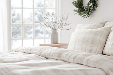 cozy bedroom decorated for the holidays, featuring a plaid duvet in warm neutrals, a small wreath above the bed, and a simple wooden nightstand with a ceramic vase
