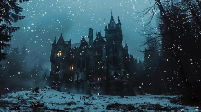 Mysterious dark castle standing in a snowy winter night under a full moon  
looping 4k time-lapse virtual video animation Generated AI