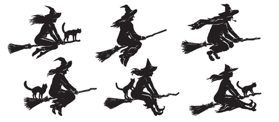 Halloween collection set of 6 different isolated black silhouettes of witches with cats flying on a broomstick