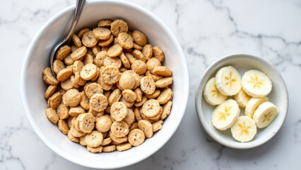 Obraz premium A bowl of cereal next to a plate with sliced bananas.