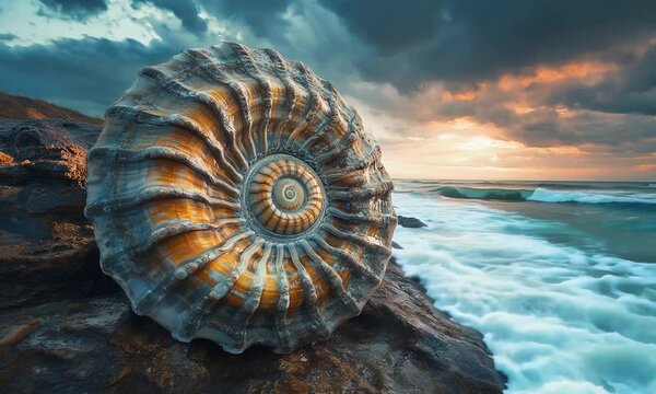 A large ammonite shell on a rocky beach at sunset.