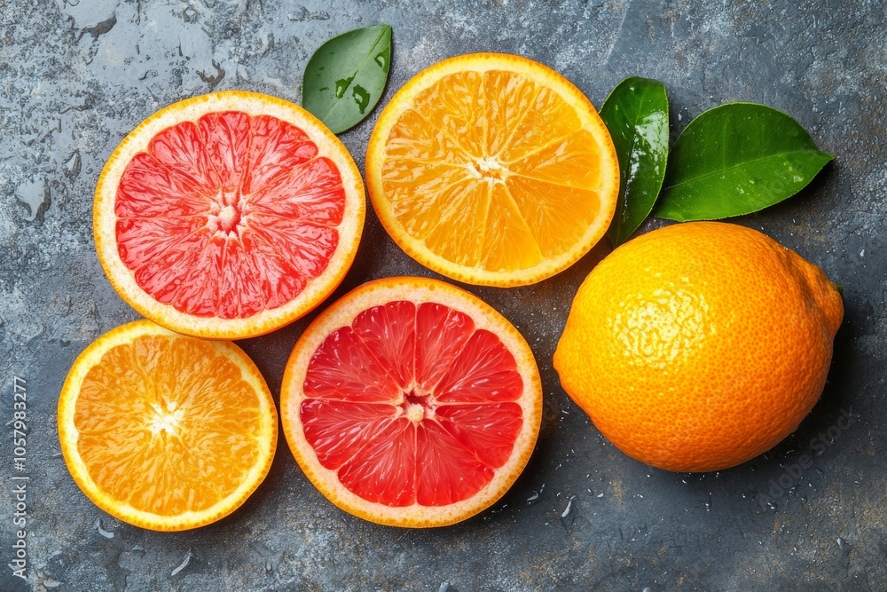 Poster citrus slices of orange lemon and grapefruit on blue background representing color contrast freshnes