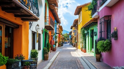 Fototapeta premium A charming historic district with cobblestone streets, vintage buildings, and colorful storefronts, radiating character.