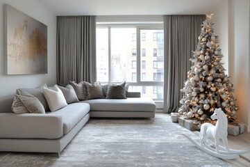 Cozy living room with a Christmas tree and rocking horse on a winter afternoon