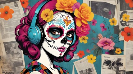 colorful sugar skull girl listens to music,generative ai,generative,ai