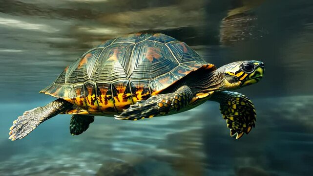 A turtle swims through the water, its shell and limbs patterned in black and yellow