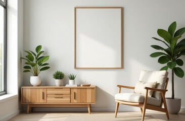 Modern minimalist interior featuring a wooden bench, white armchair, and large houseplants. Natural sunlight streams through the window creating dramatic shadows. Empty white frame perfect for mockup.