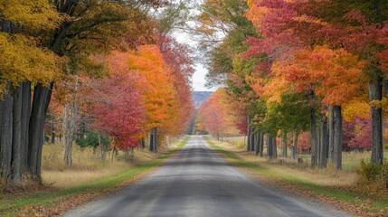 A peaceful country road lined with trees in full autumn color, creating a picturesque and inviting scene.