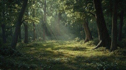 Obraz premium A peaceful forest glade with soft sunlight filtering through the leaves, creating dappled patterns on the forest floor.