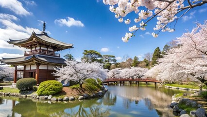 Fototapeta premium japanese garden with sakura in blossom