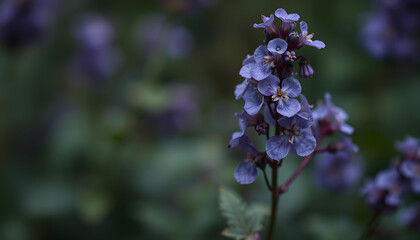 Beautiful fairy dreamy magic purple violet blue heliotropium arborescens or garden heliotrope flowers on faded blurry background. Dark art moody floral. Toned with filters in vintage style isolated 