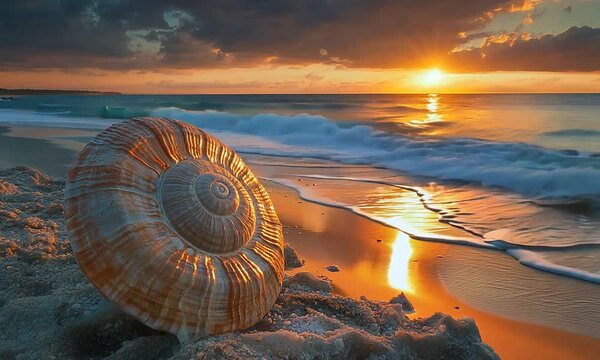 Sunset over ocean with a large seashell in foreground.