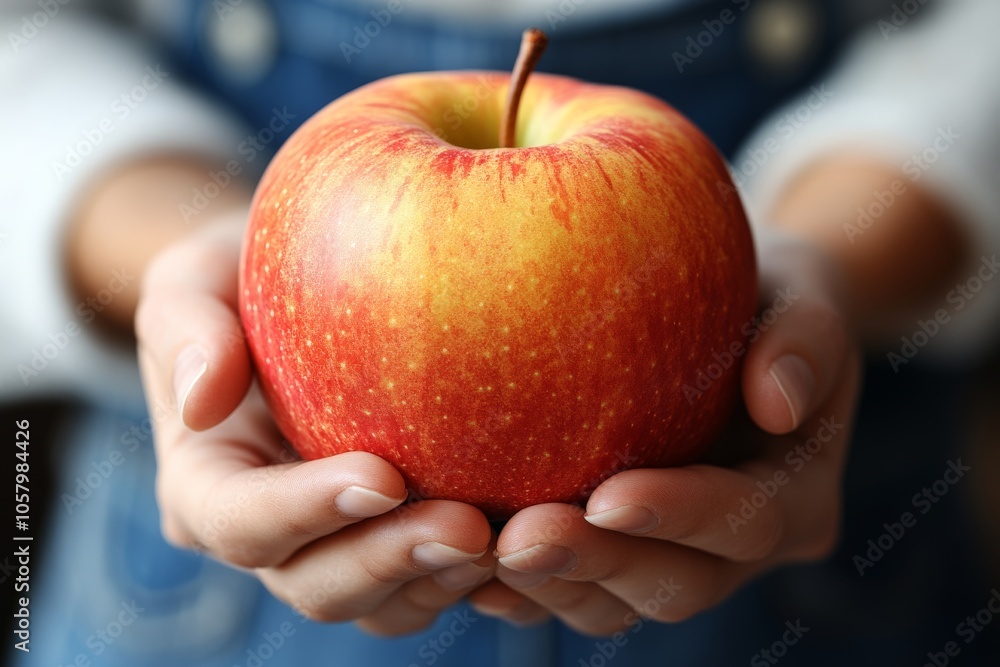 Poster hands holding red apple with focus on simplicity health and nurturing in a wellness driven compositi