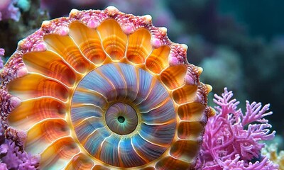Vibrant seashell amidst colorful coral reef.