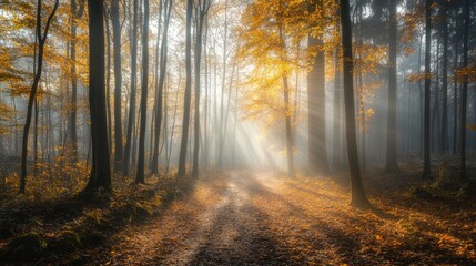 Obraz premium Enchanted Autumn Forest with Sunlight Rays
