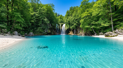 Fototapeta premium Beautiful Waterfall and Pool in a Natural Rock Formation