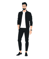 Vector illustration. Young man Elegant casual look with black bomber jacket and dark trousers creating a strict and stylish look.
