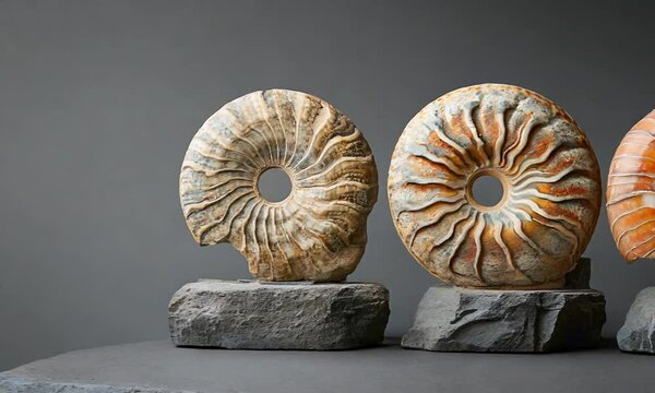 Three fossilized ammonites displayed on stone bases.