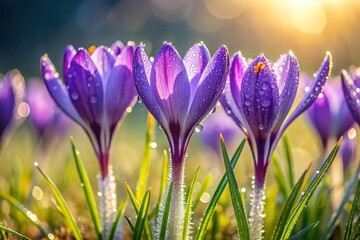 Medium shot purple crocus flowers blooming in dew covered grass