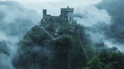 Naklejka premium A stunning view of an ancient castle atop a hill, surrounded by mist and lush greenery, evoking a sense of history.