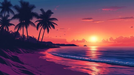 A tranquil beach sunset with silhouettes of palm trees and gentle waves creating a peaceful atmosphere.