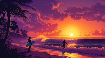 Fototapeta premium A tranquil beach sunset with silhouettes of surfers catching waves and a vibrant sky in the background.