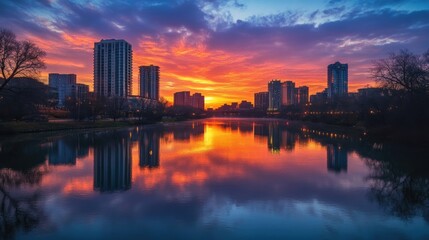 Fototapeta premium A vibrant city skyline reflected in a calm river during sunset, capturing the essence of urban life.