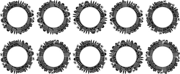 Set of dark gray oriental panoramic cityscapes frames with copy space. Use for invitation, greeting card, print, template, religious and historical events decoration