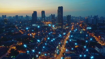 Fototapeta premium Aerial dusk view of a vibrant city skyline with digital links