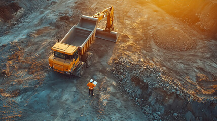 Heavy machinery operating in a sunset-lit construction site with a worker