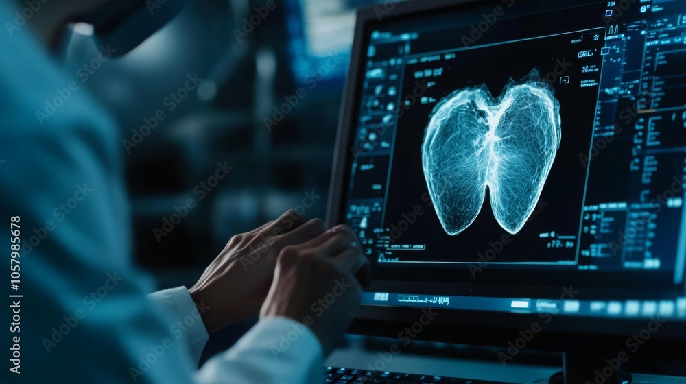 Fototapete A medical professional is focused on a detailed lung scan displayed on a computer monitor. The atmosphere is clinical, with advanced technology surrounding them in a hospital environment.