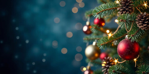  Christmas lights, stars and red baubles hanging on fir branches in abstract navy blue blurred background.