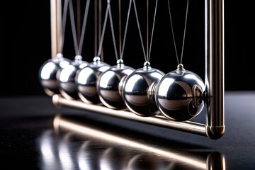 Metal ball swinging on black background creating a Newton's cradle effect