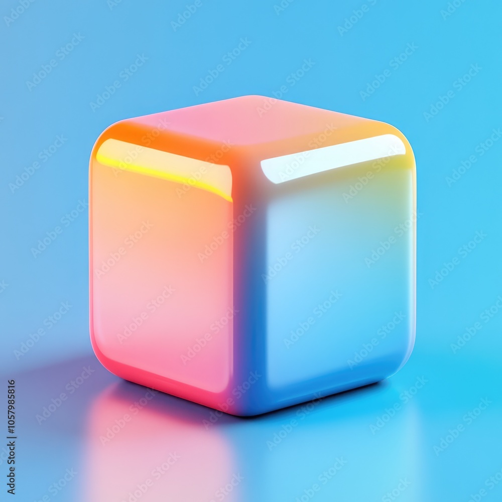 Poster vibrant gradient cube on blue background - abstract 3d rendered geometric shape with smooth edges an