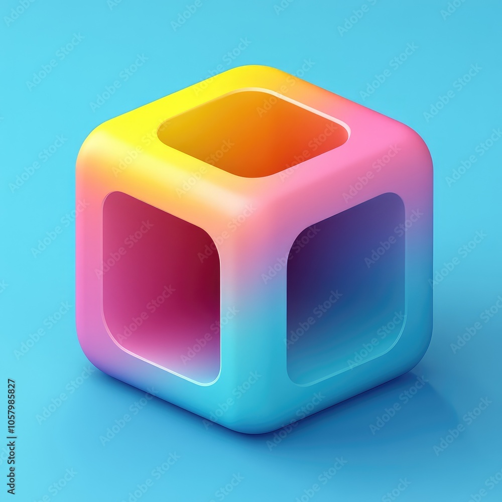 Poster vibrant gradient cube on blue background - abstract 3d rendered geometric shape with smooth edges an