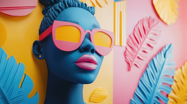  Vibrant Abstract Art with Colorful Leaves and Blue Ear on Yellow and Pink Background