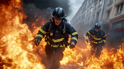 Obraz premium Brave firefighters rush to save a life amid fierce flames in the city