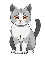 a cartoon illustration of a cat. The cat has a round face with large, expressive orange eyes and a small pink nose. Its fur is primarily gray with white patches on its face, chest, and paws