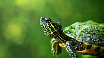 Fototapeta premium A close-up of a red-eared slider turtle. The turtle is sitting on a rock in a pond, and its head is turned towards the camera.