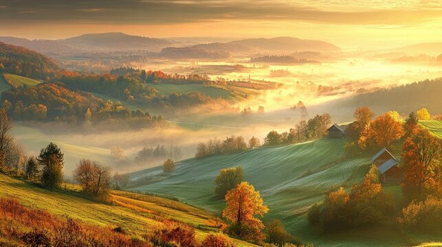 Beautiful sunrise over a foggy valley with rolling hills
